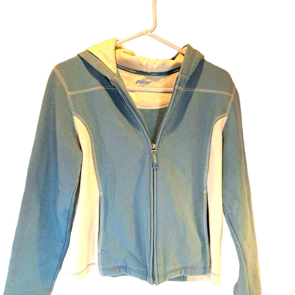 Pacer Women's Fleece Jacket Blue White Full Zip Front Hooded Pockets Petites PM
